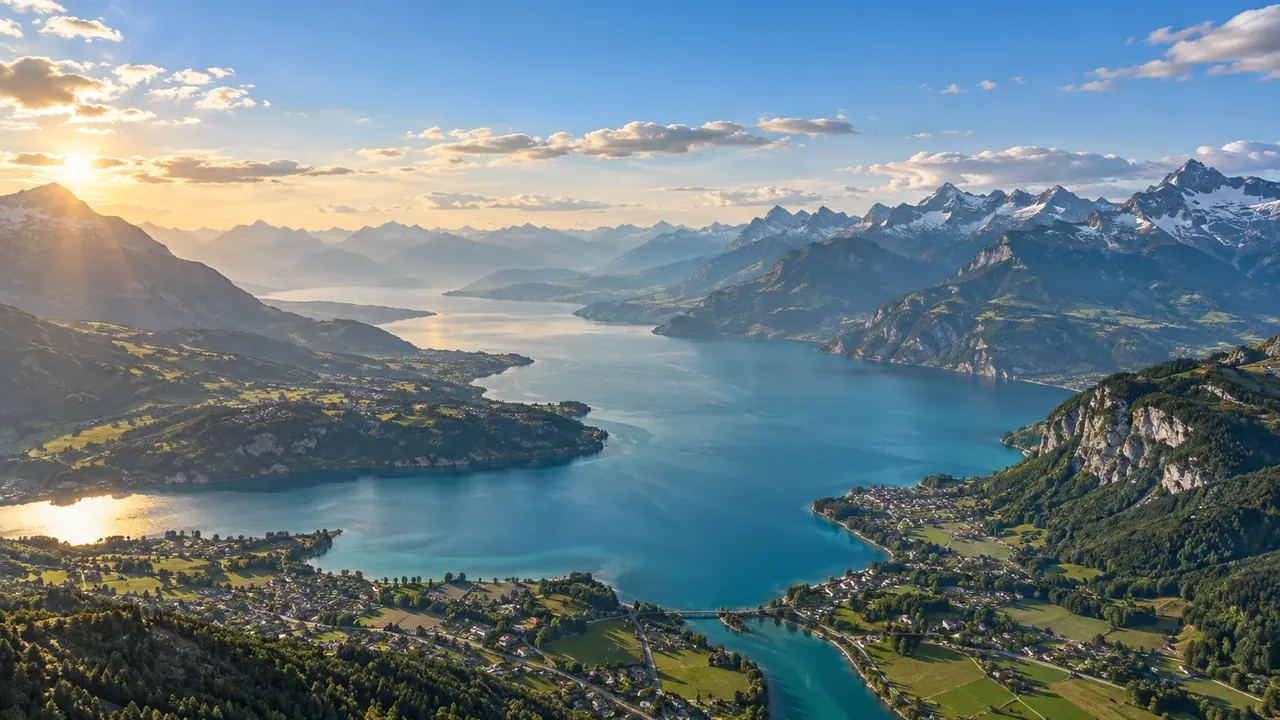 Illustrated aerial Alpine lake and mountain scenery